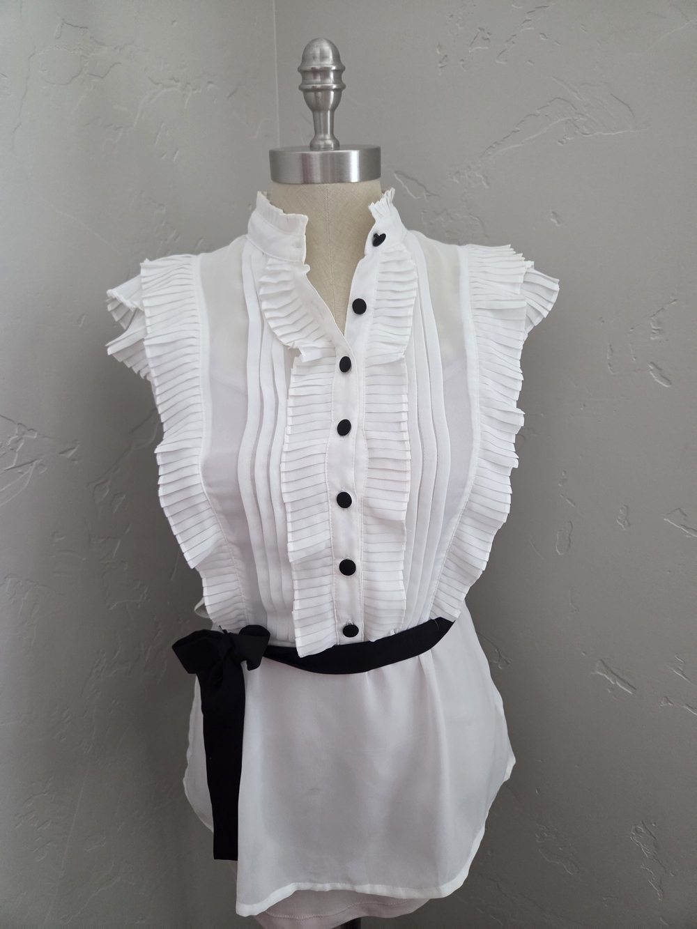 Forever 21 Black & Ivory Blouse with Ruffles With Waist Tie
